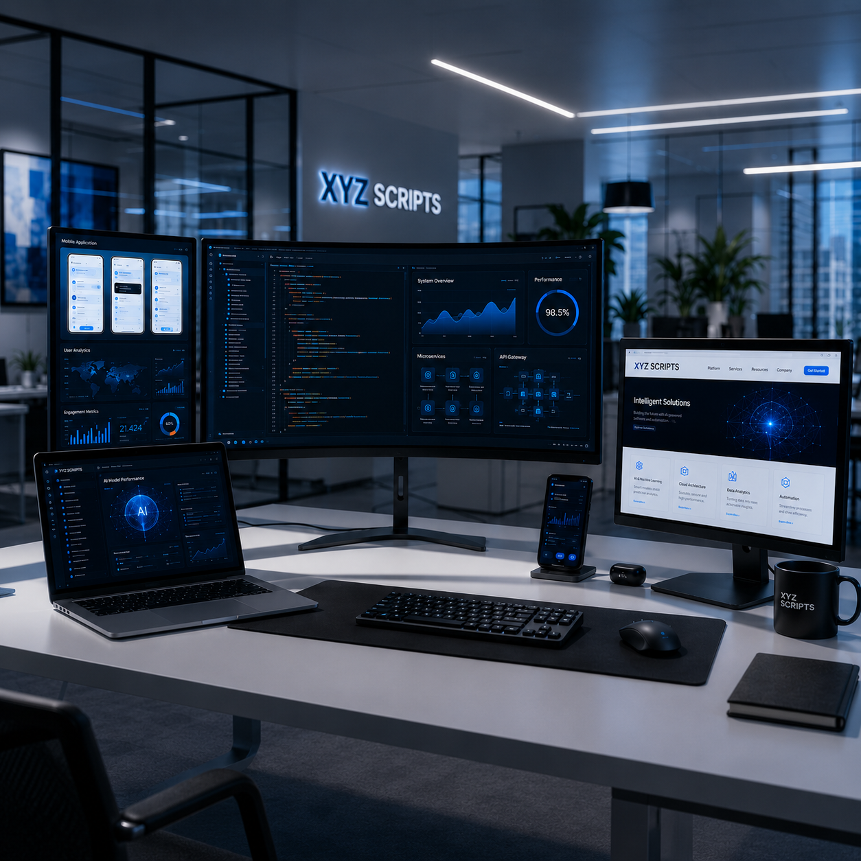 Custom software development architecture workspace with enterprise web and mobile application design