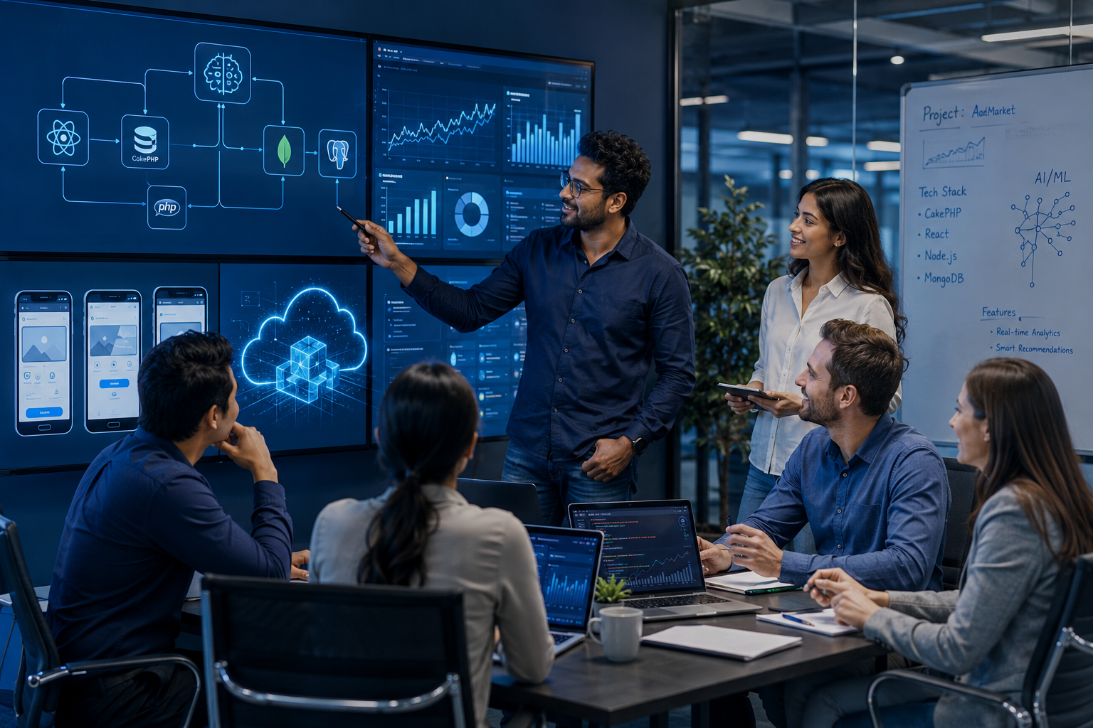 Software consulting team discussing scalable web and AI architecture